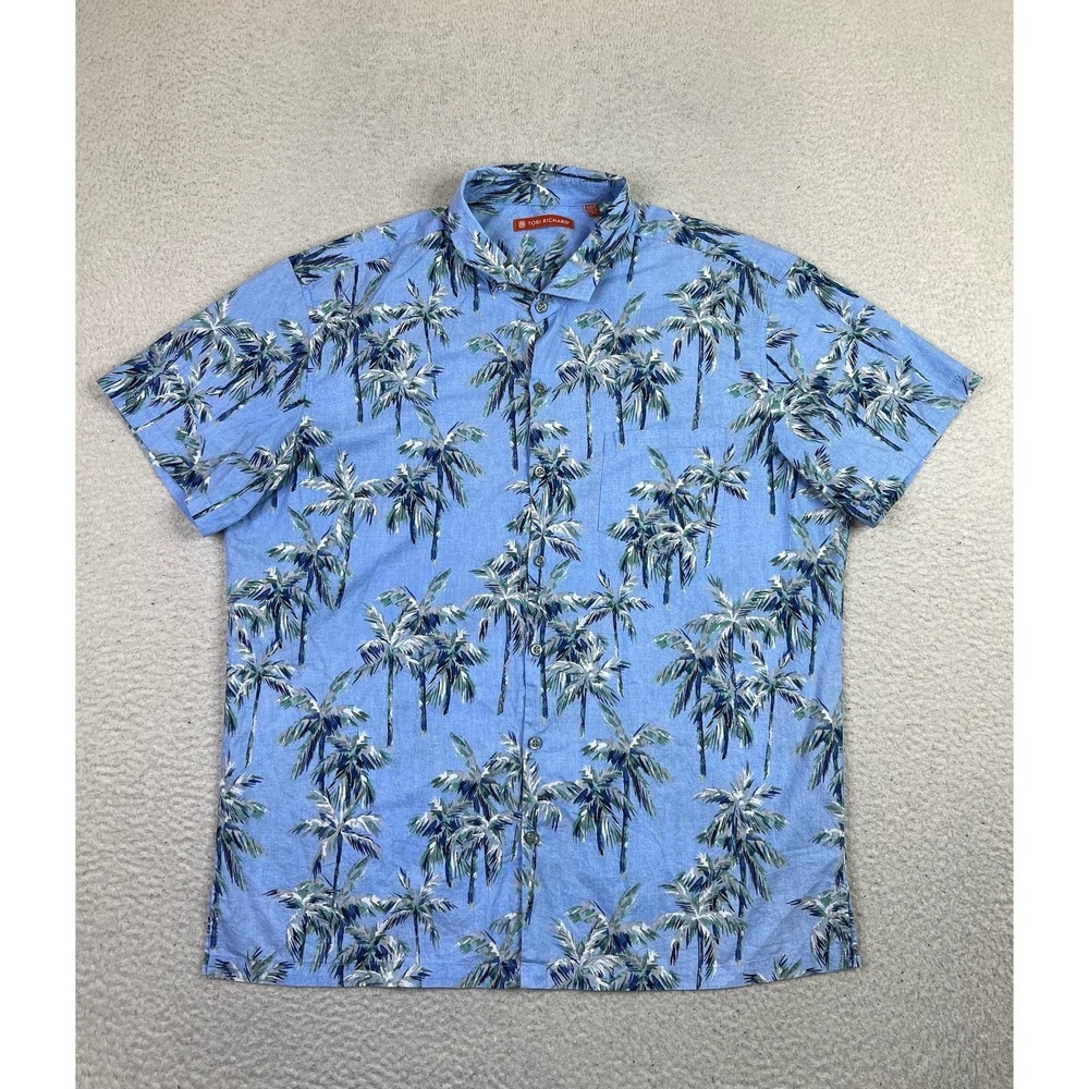 Tori Richard Shirt Mens XL Blue Palm Tree Hawaiian Cotton Short Sleeve Button Up